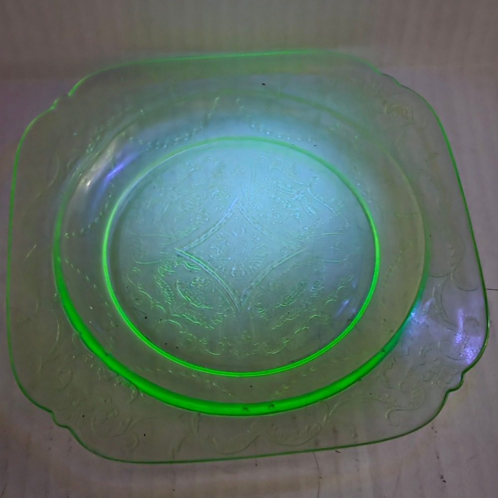 Vintage Green Uranium Glass Square Salad Plate Etched Floral Glows UV